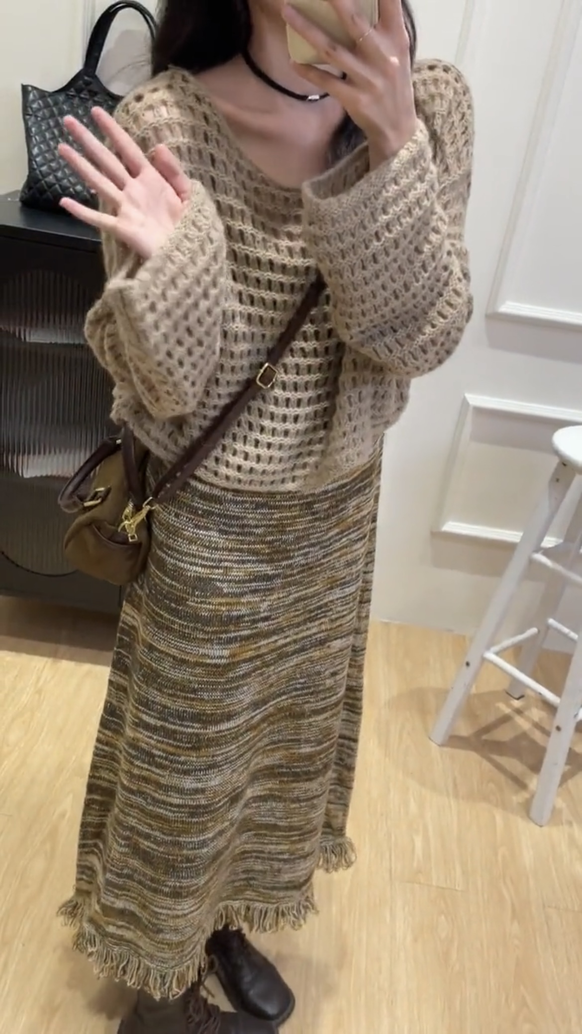 Early Autumn Casual Knit Cami Dress with Hollow Knit Cover-Up Set