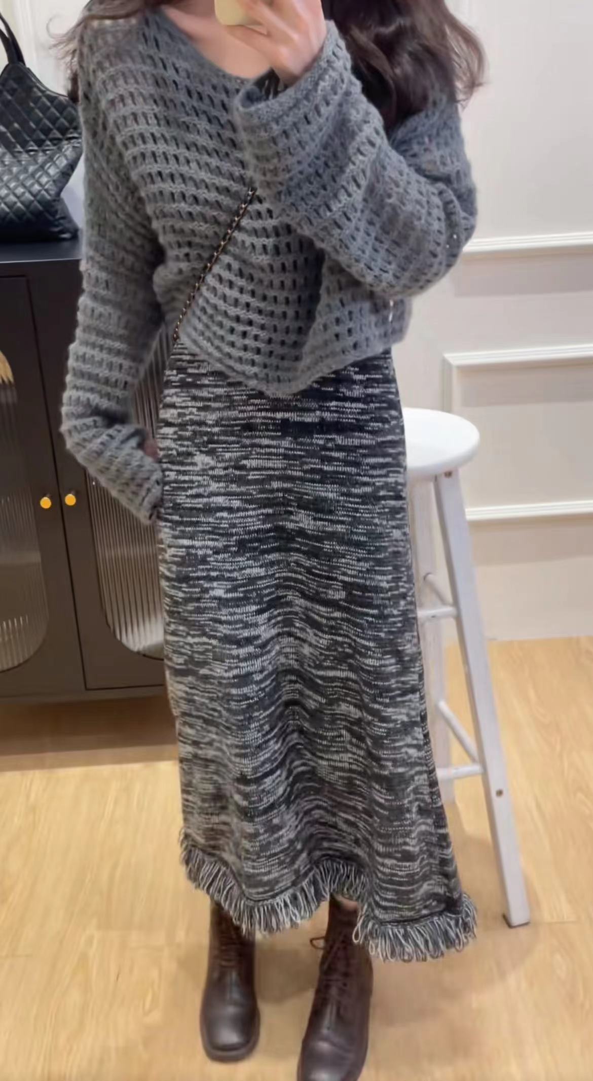Early Autumn Casual Knit Cami Dress with Hollow Knit Cover-Up Set