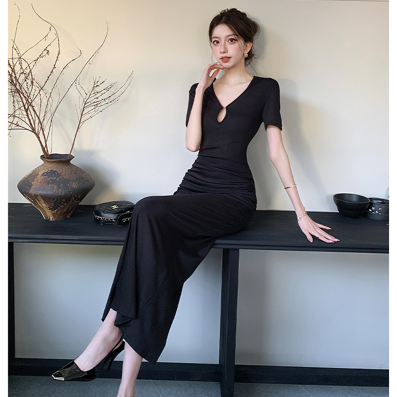 Women’s Sexy Deep V Neck Ruched Bodycon Long Dress Short Sleeve Stretchy Slim Fit