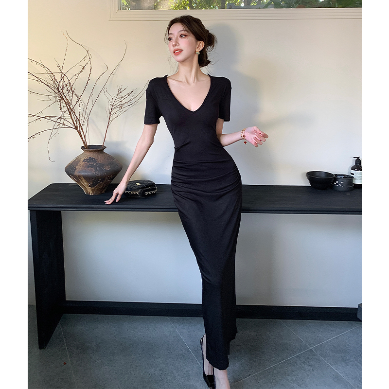 Women's Sexy Deep V Neck Ruched Bodycon Long Dress Short Sleeve Stretchy Slim Fit - Image 4