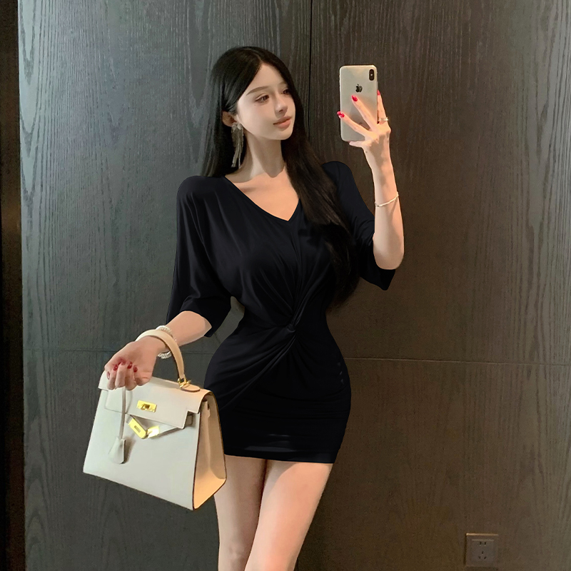 Women’s V-Neck Twist Knot Bodycon Mini Dress Short Sleeve Summer