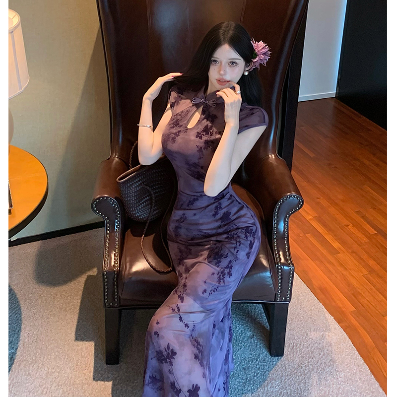 New Chinese Style Improved Qipao Dress Vintage Slim Fit Mermaid Hem Long Dress