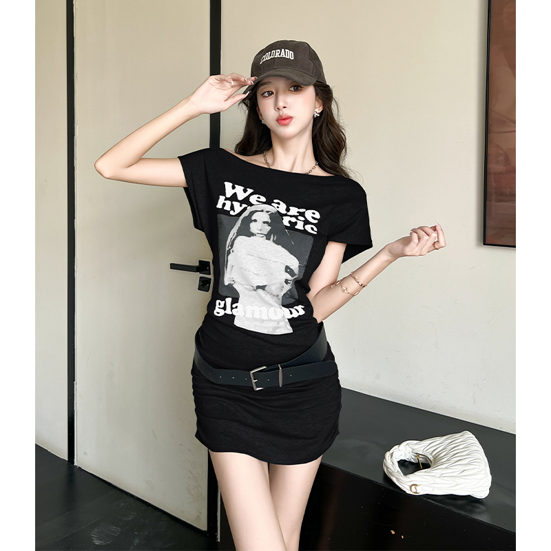 Summer New Printed Design Niche Dress Women Fashion Temperament Slimming T-Shirt Short Dress