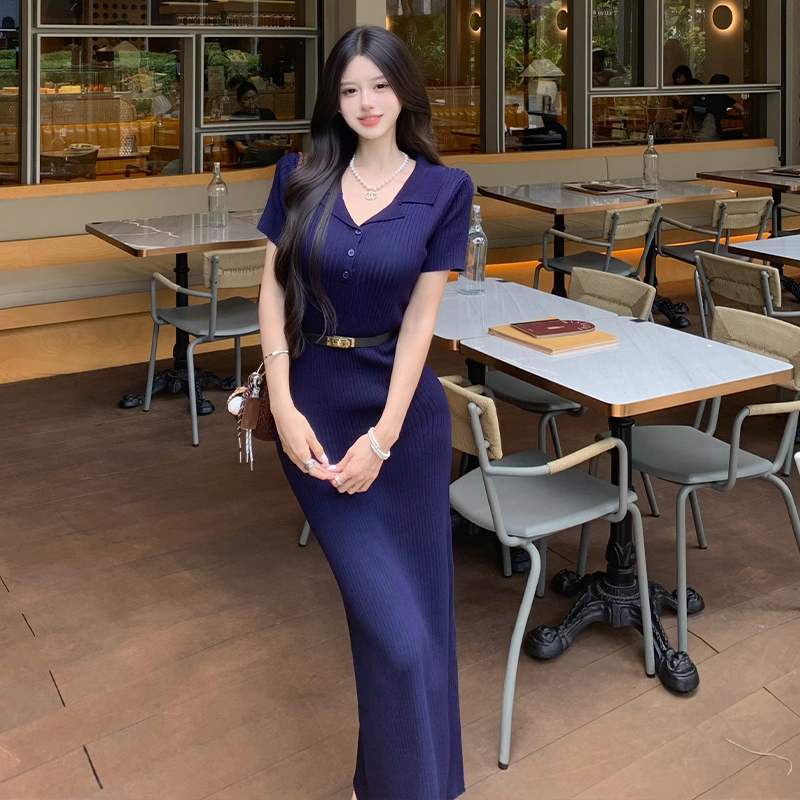 V-Neck French Style Polo Short Sleeve Knit Bodycon Long Dress Women Summer Vintage Slimming Pleated Dress