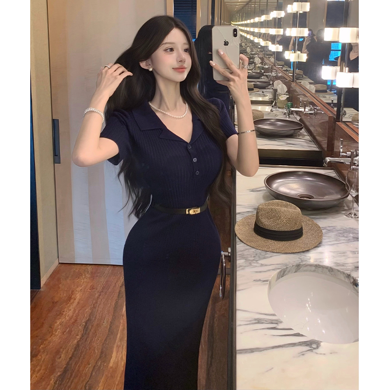 V-Neck French Style Polo Short Sleeve Knit Bodycon Long Dress Women Summer Vintage Slimming Pleated Dress