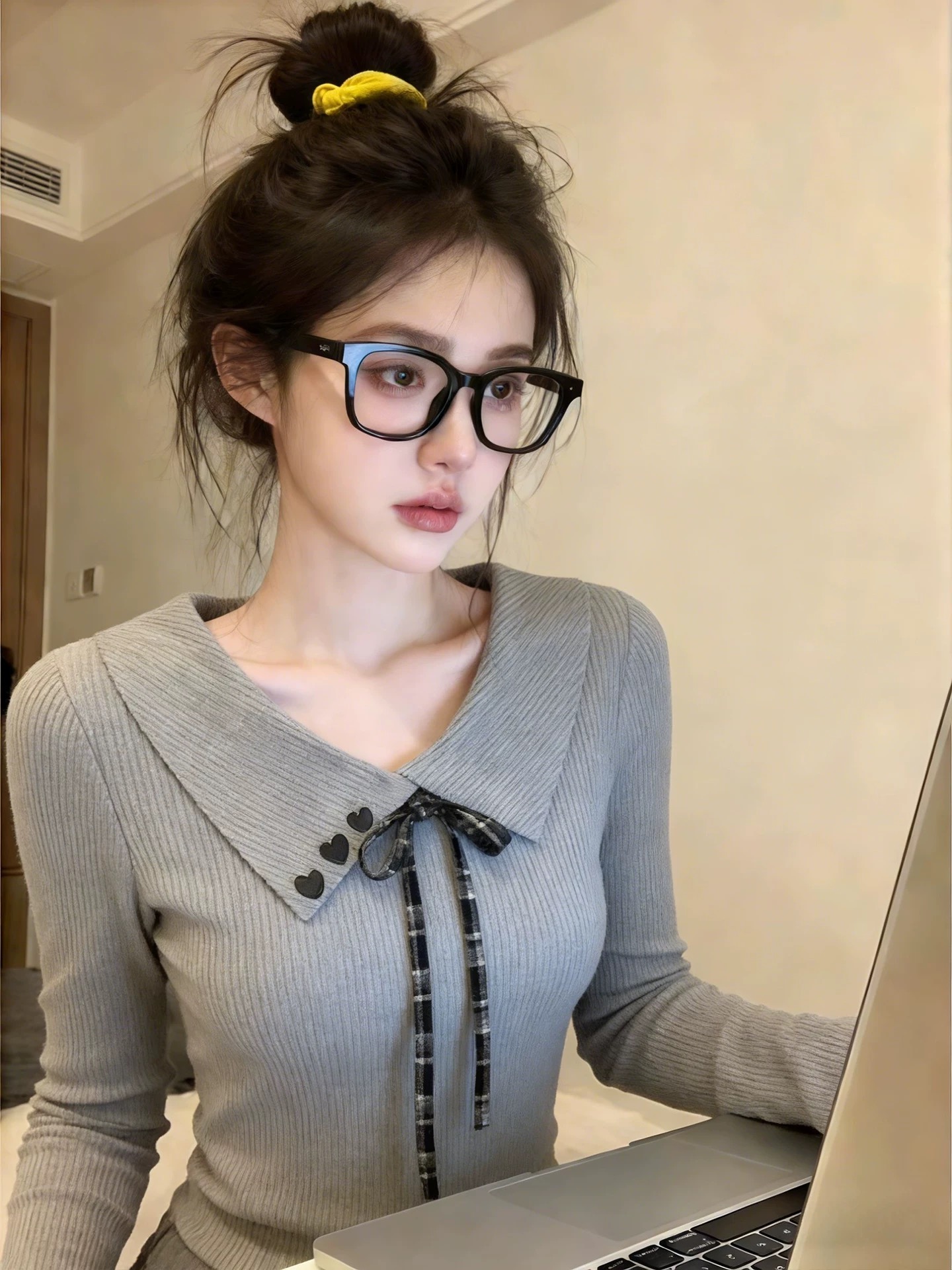 Gray Lapel Bow Slim Fit Long Sleeve T-Shirt for Women Spring Waist-Cinched Top