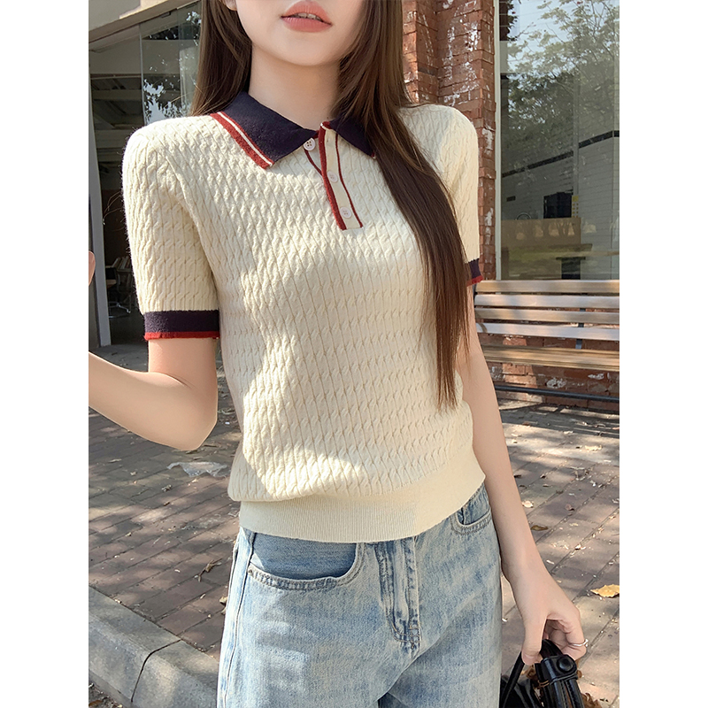 Korean Color Block Faux Layered Collared Short Sleeve Knit Top for Women 2026 Spring Summer Commute