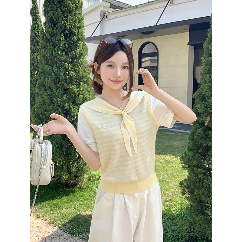 Women’s Sailor Collar Color Block Striped Short Sleeve Knit Top 2026 Summer Faux Two Piece Pullover