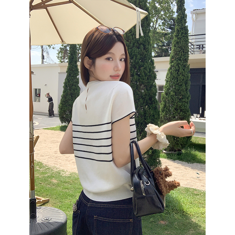 Korean Style Striped Short Sleeve Knit Top Women Summer Slim Fit Commute Shirt - Image 3