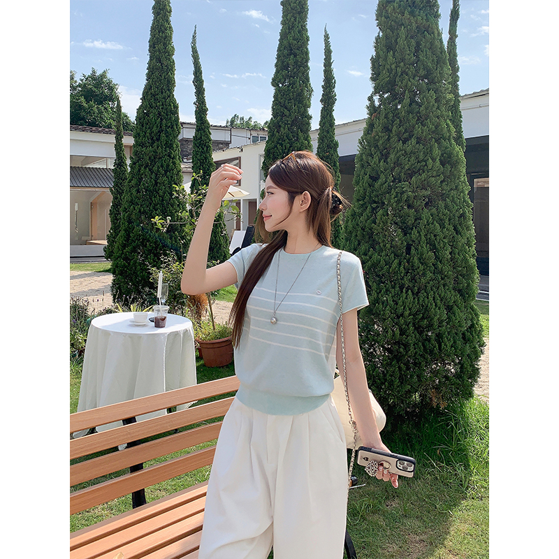 Korean Style Striped Short Sleeve Knit Top Women Summer Slim Fit Commute Shirt