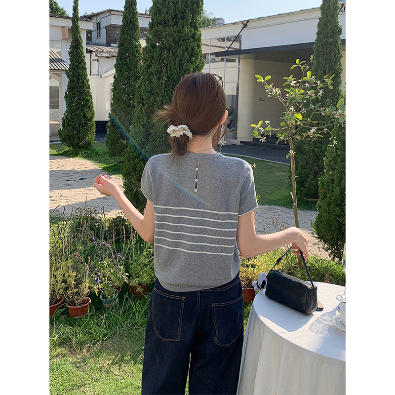 Korean Style Striped Short Sleeve Knit Top Women Summer Slim Fit Commute Shirt - Image 5