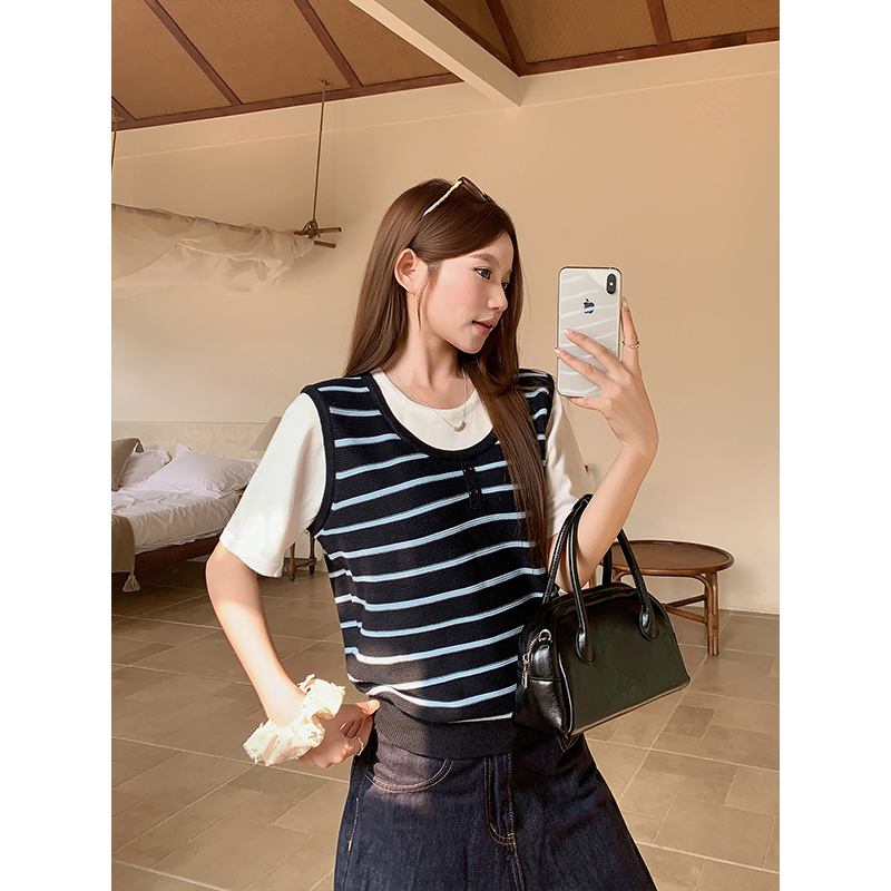 Women’s Striped Faux-Layer Knit Short-Sleeve T-Shirt Summer Color-Block Vest Panel Slimming Top