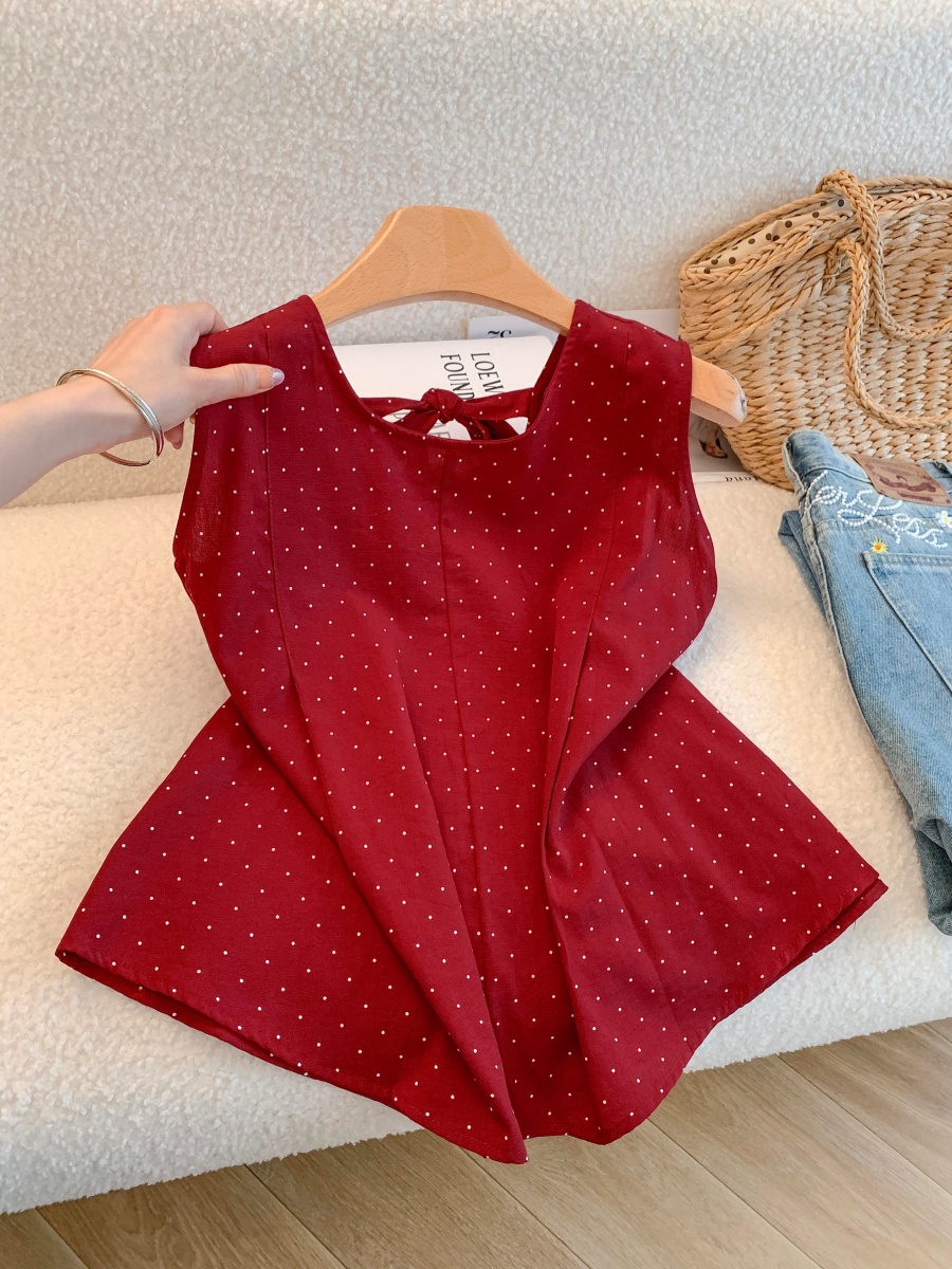 Women's Sleeveless Round Neck Tie Front Top 2026 Summer French Style - Image 3