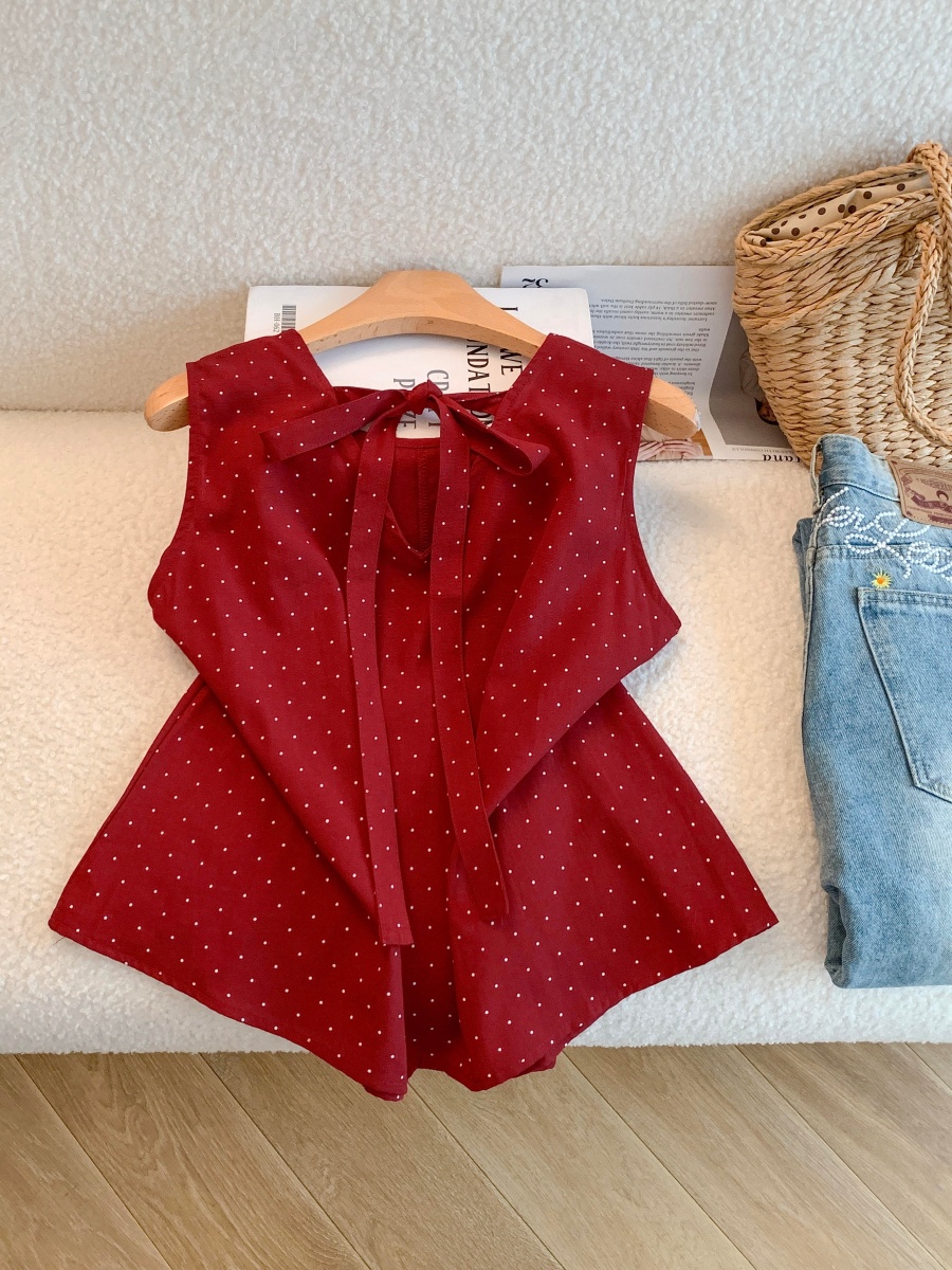 Women's Sleeveless Round Neck Tie Front Top 2026 Summer French Style - Image 4