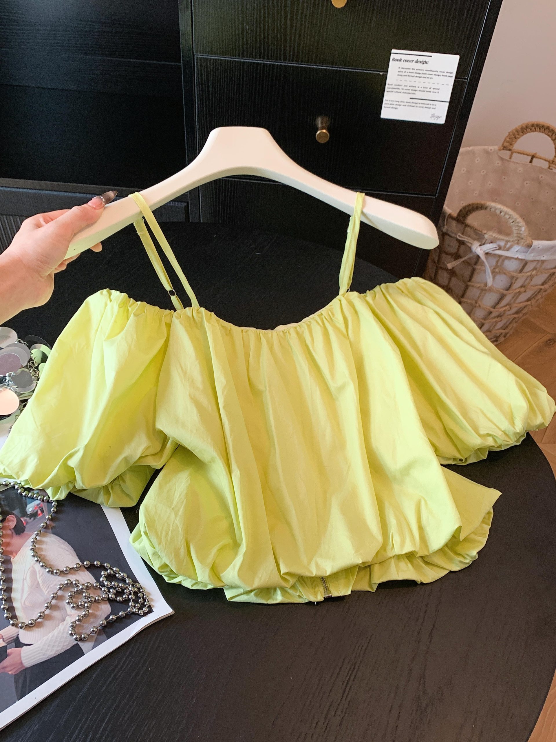 Women’s Off-Shoulder Cami Shirt 2026 Summer Short Sleeve Puff Sleeve Two-Way Cropped Top