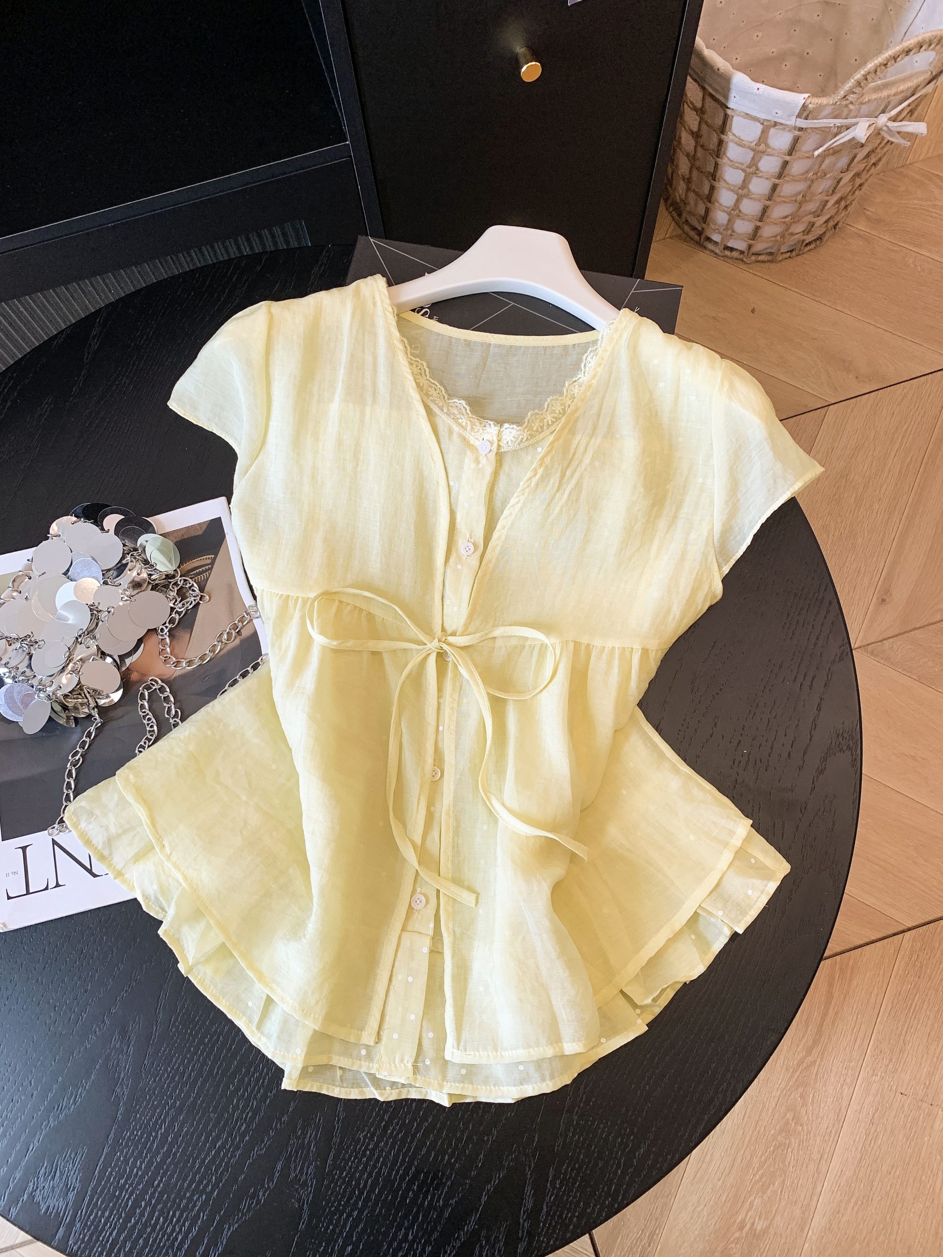 Women’s Faux Two-Piece Chiffon V-Neck Short Sleeve Shirt Summer 2026 Slimming French Polka Dot Top