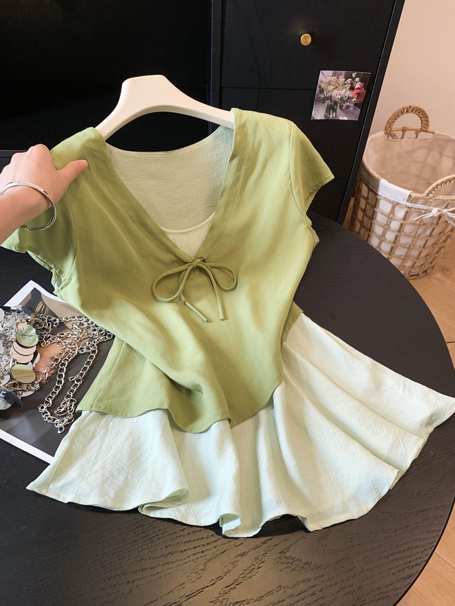 French Style Faux Two Piece Lace Up V Neck Short Sleeve Shirt Women Summer Loose Color Block Unique Top