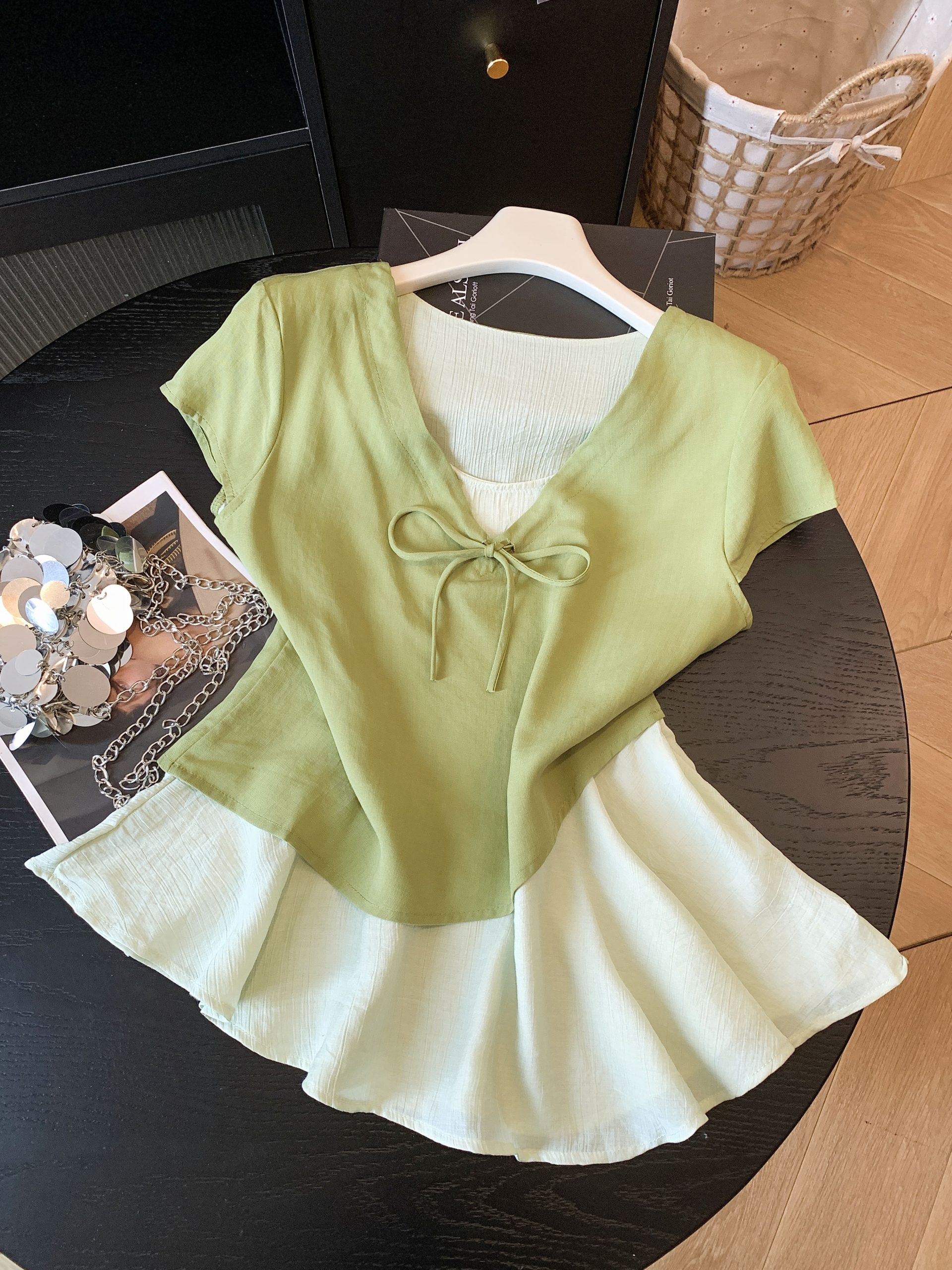 French Style Faux Two Piece Lace Up V Neck Short Sleeve Shirt Women Summer Loose Color Block Unique Top