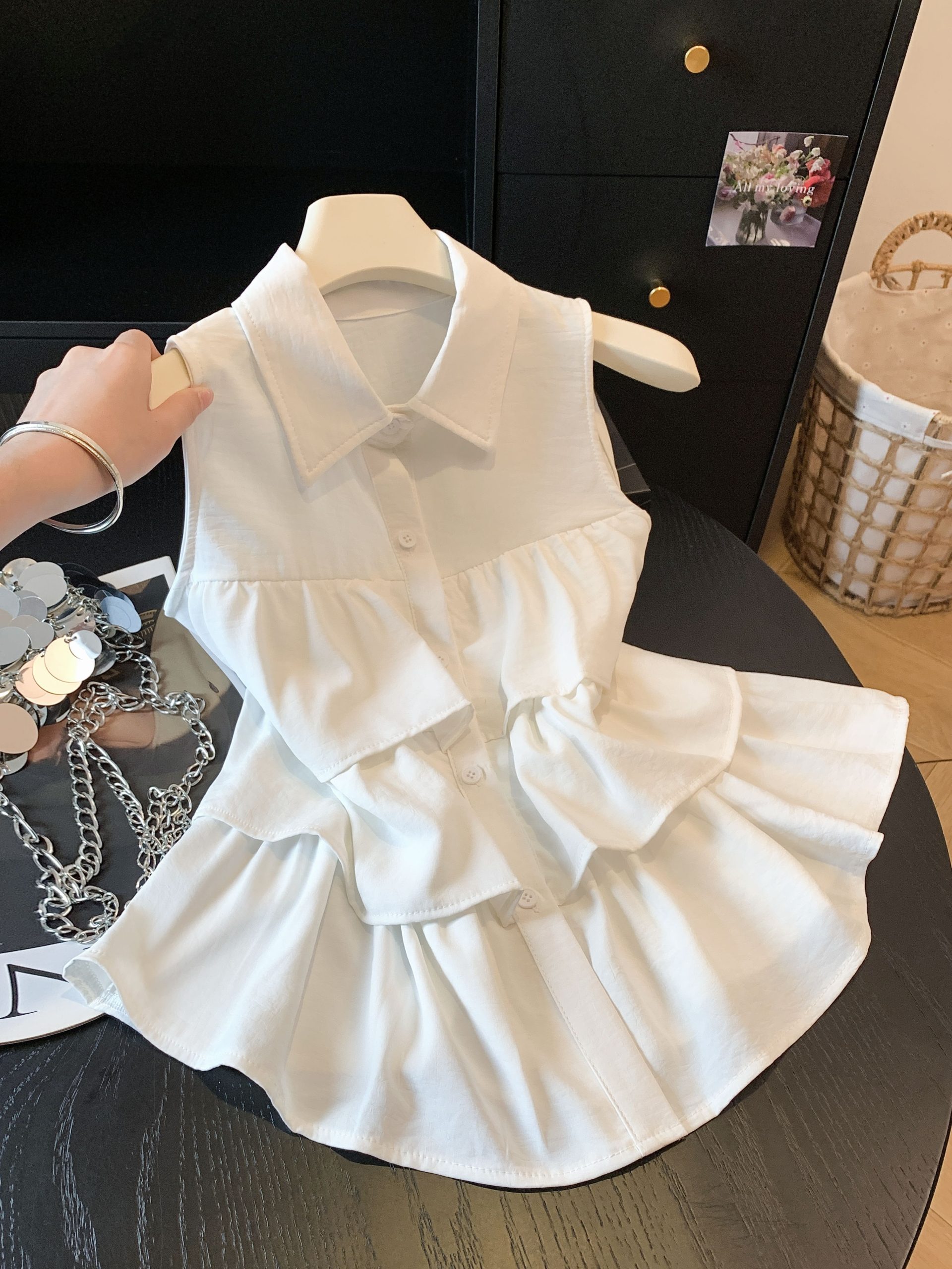 Summer New Korean Style Ruffle Sleeveless Shirt Women’s Design Slimming Versatile Turn-down Collar Top