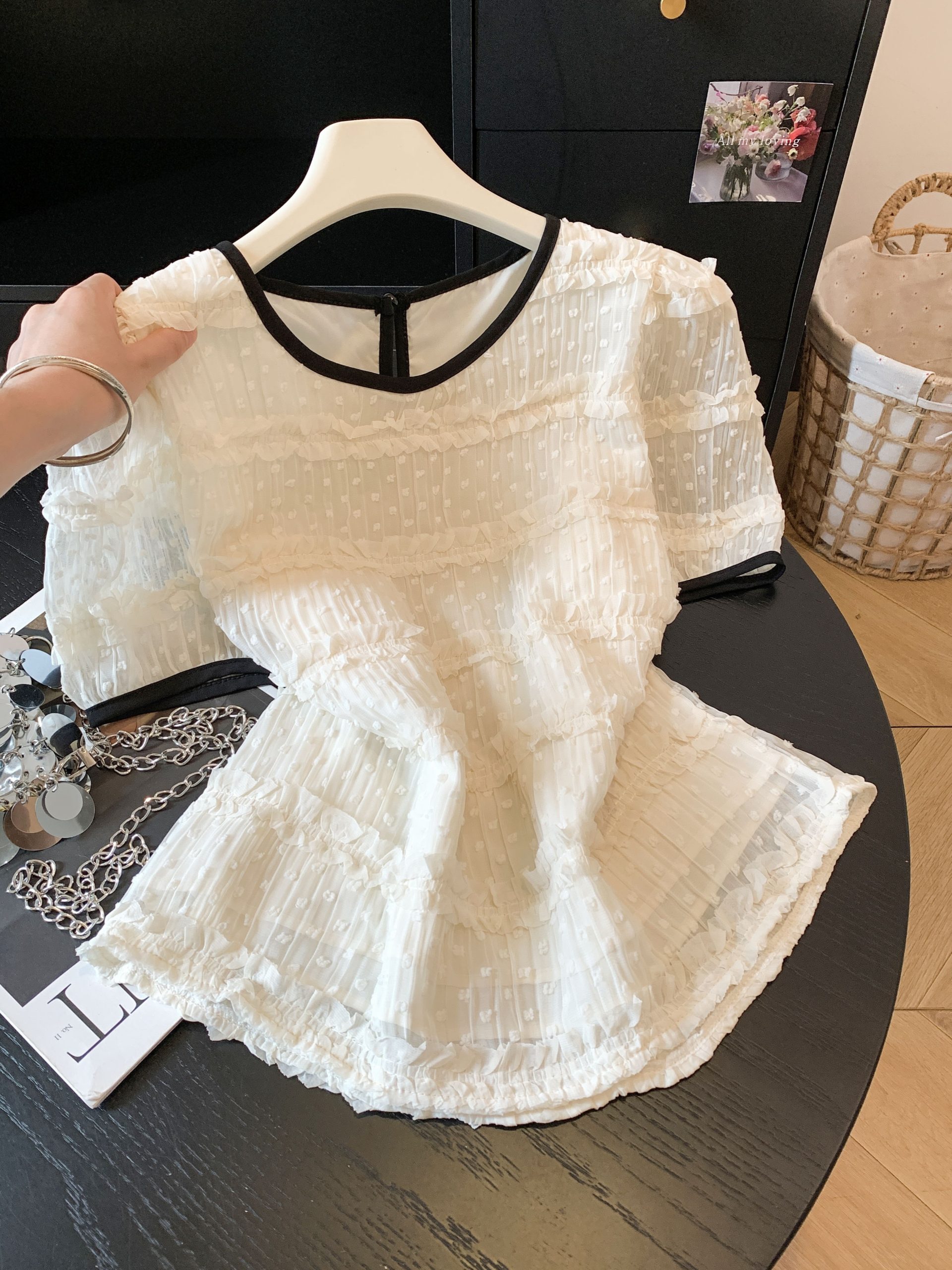Women’s French Style Lace Trim Color Block Short Sleeve Shirt Summer 2026