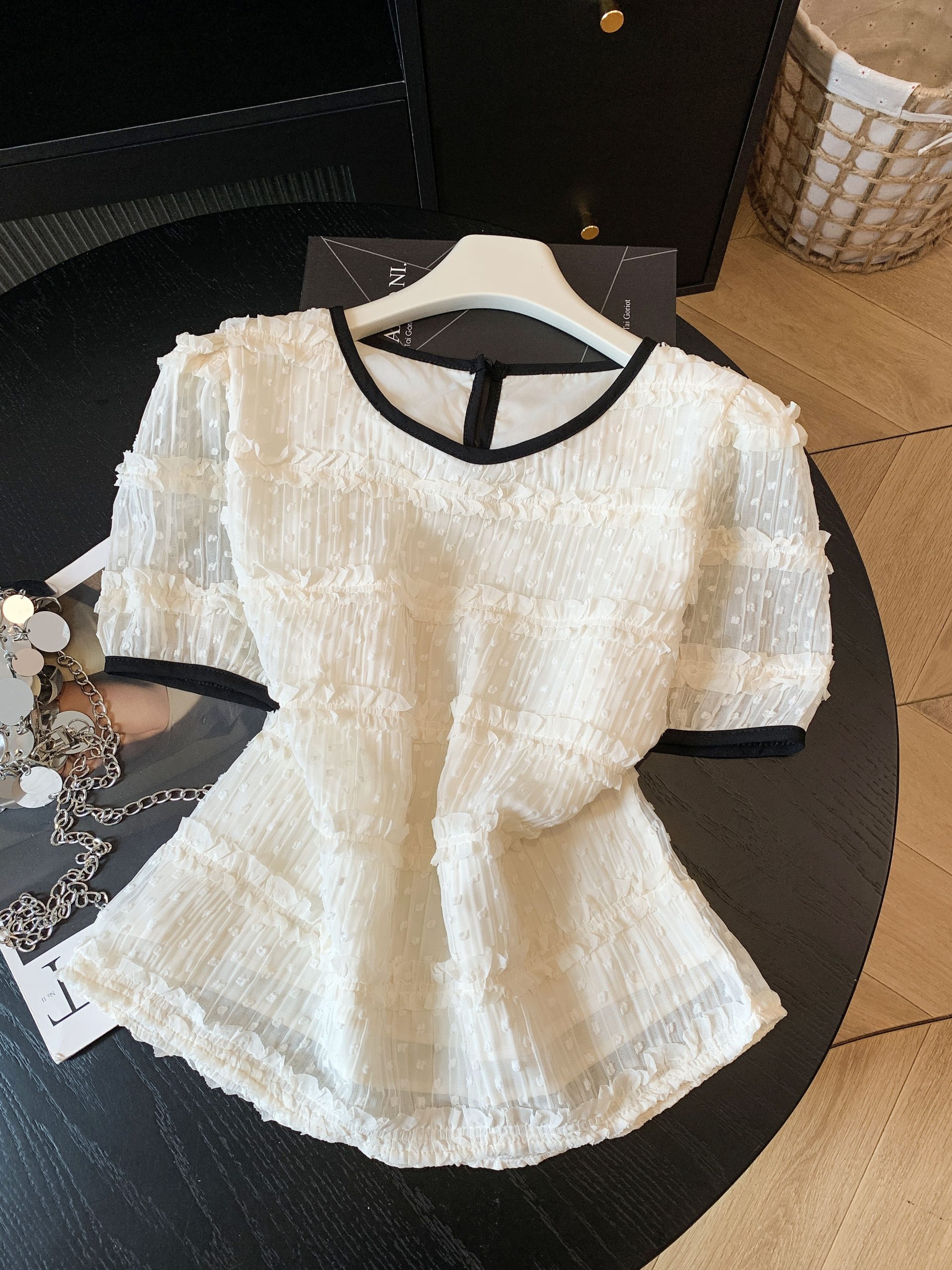 Women’s French Style Lace Trim Color Block Short Sleeve Shirt Summer 2026