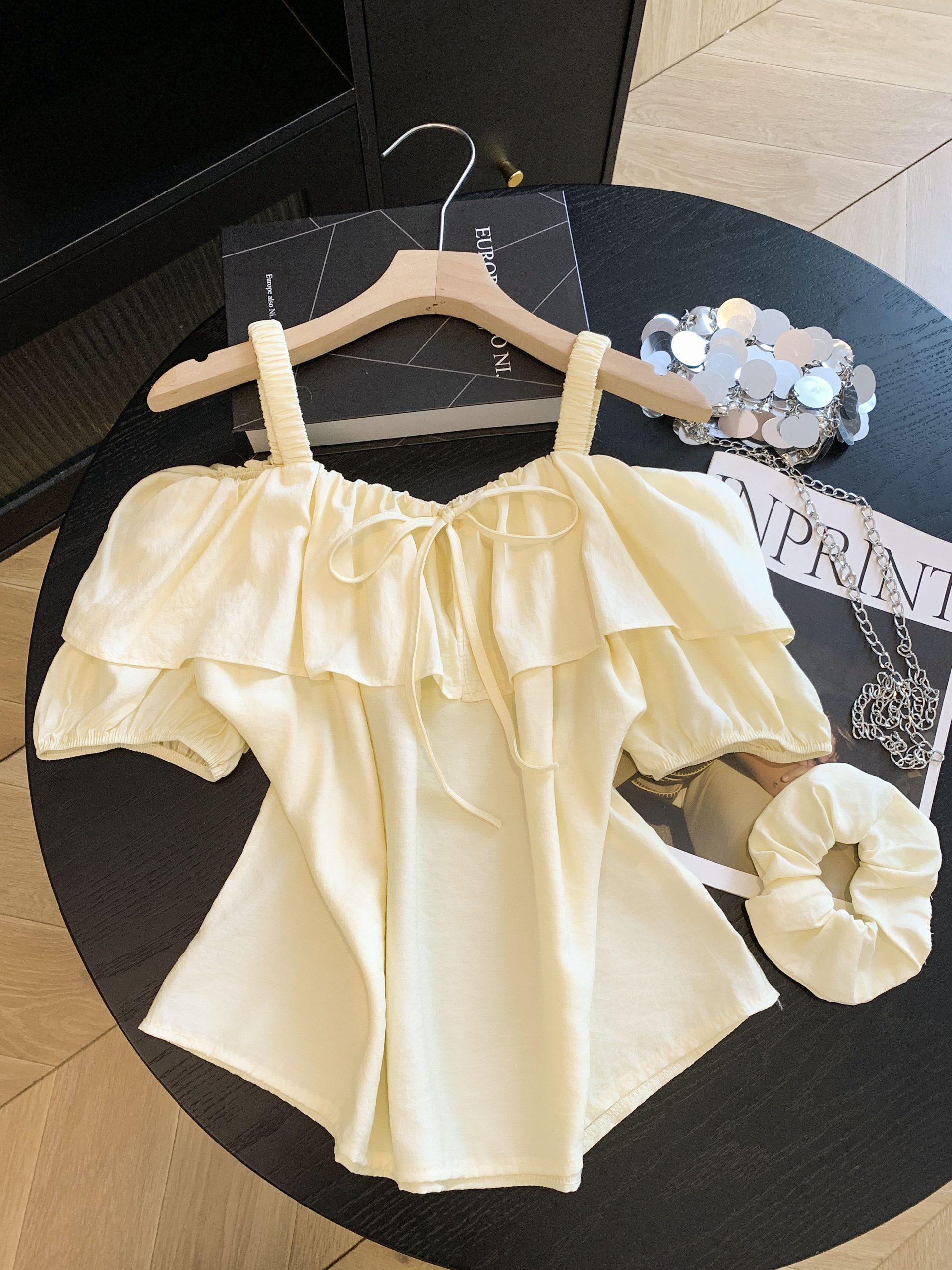 Light Yellow Off-Shoulder Short Sleeve Shirt for Women Summer Ruffle Design - Image 2