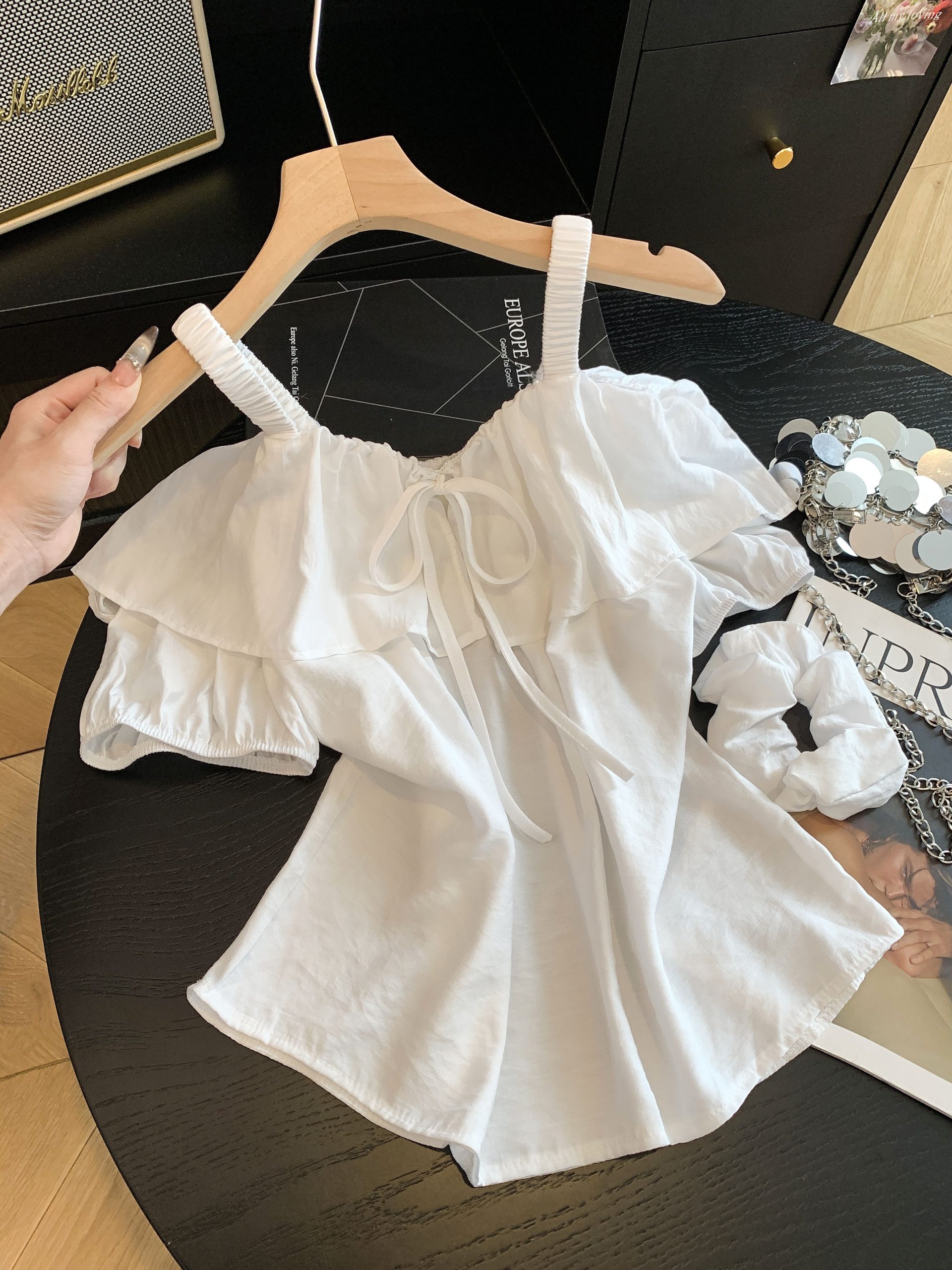 Light Yellow Off-Shoulder Short Sleeve Shirt for Women Summer Ruffle Design - Image 3