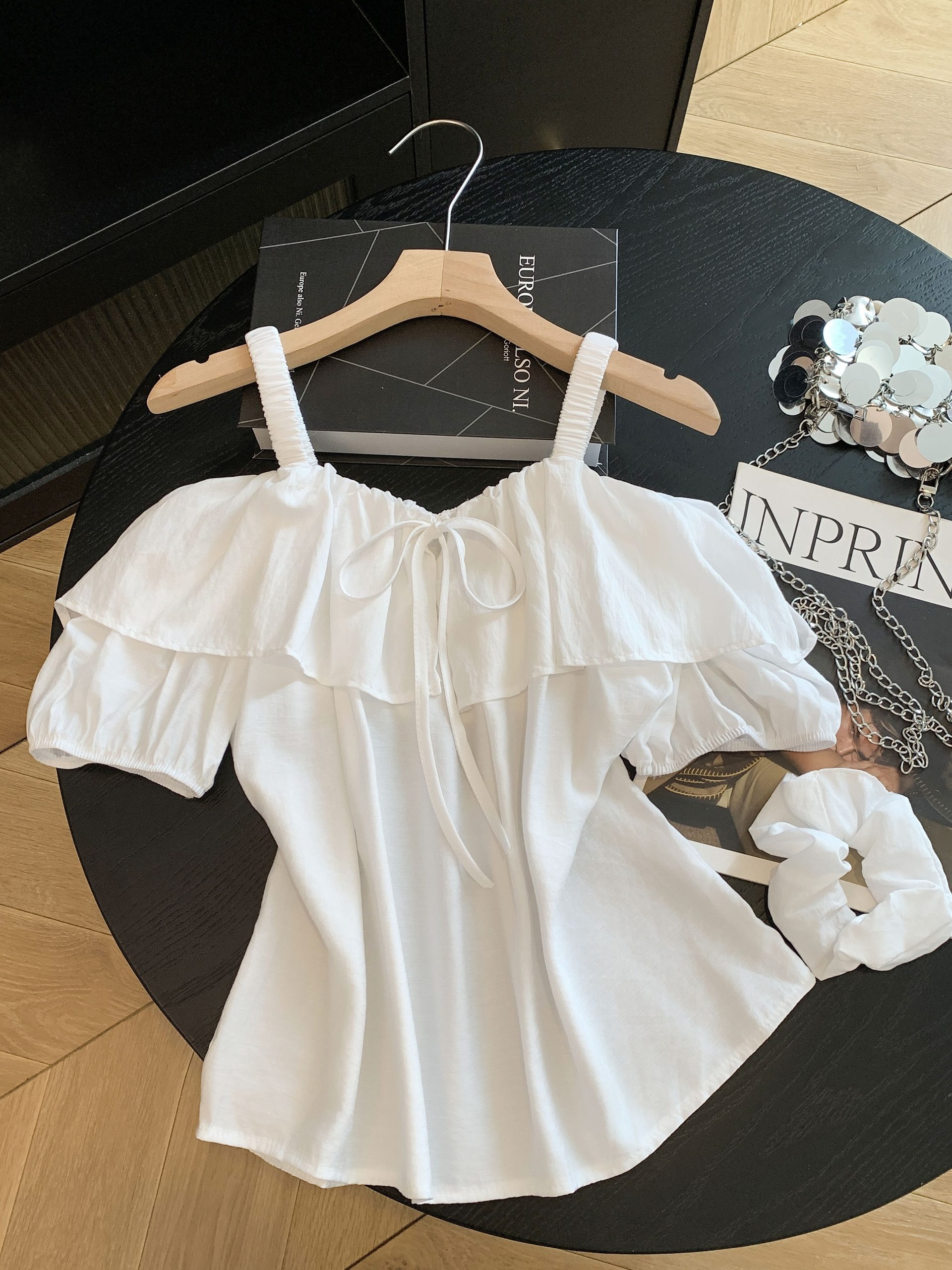 Light Yellow Off-Shoulder Short Sleeve Shirt for Women Summer Ruffle Design - Image 4