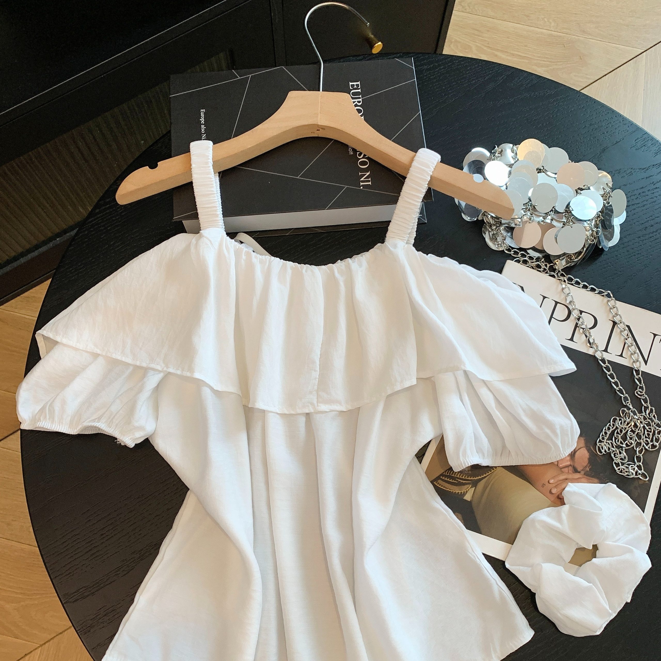 Light Yellow Off-Shoulder Short Sleeve Shirt for Women Summer Ruffle Design - Image 5