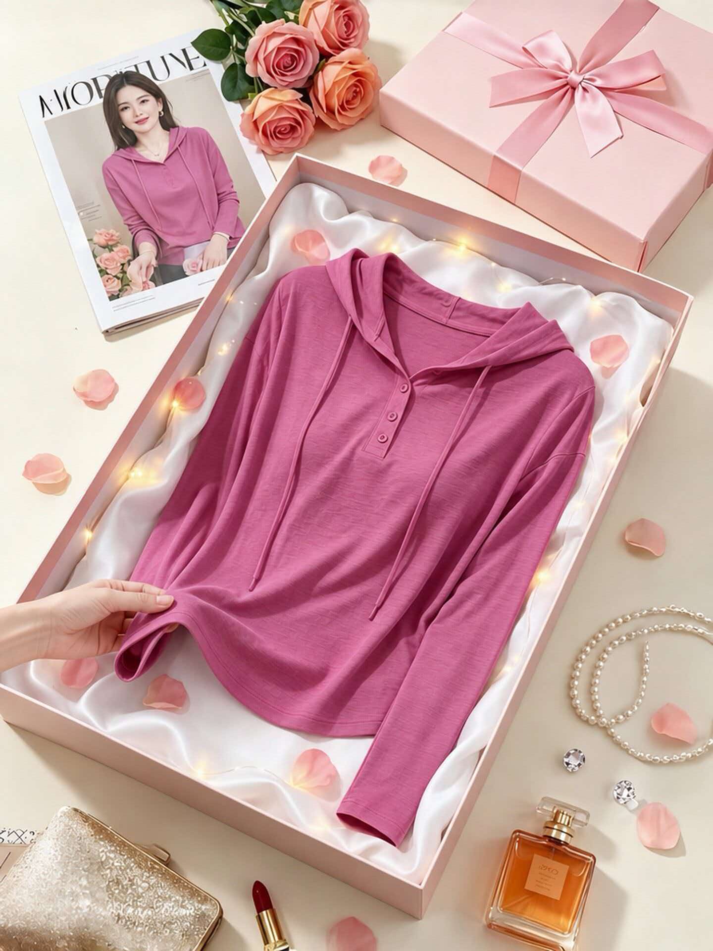 Rose Pink Loose Long Sleeve Button Crew Neck T-Shirt Early Autumn Women’s 2026 New Korean Casual Youthful Top