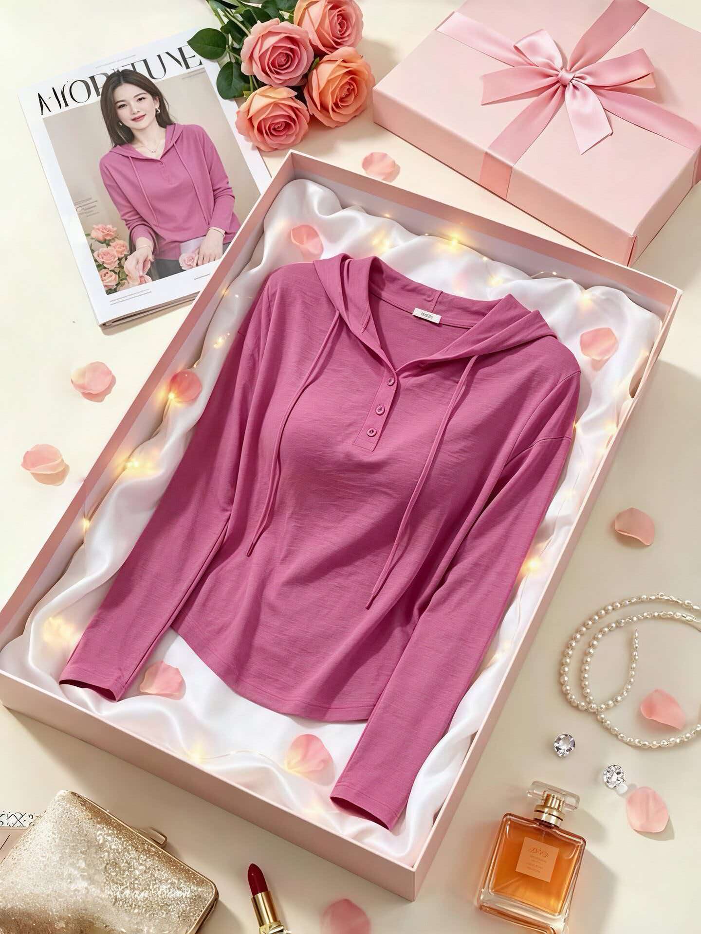 Rose Pink Loose Long Sleeve Button Crew Neck T-Shirt Early Autumn Women's 2026 New Korean Casual Youthful Top