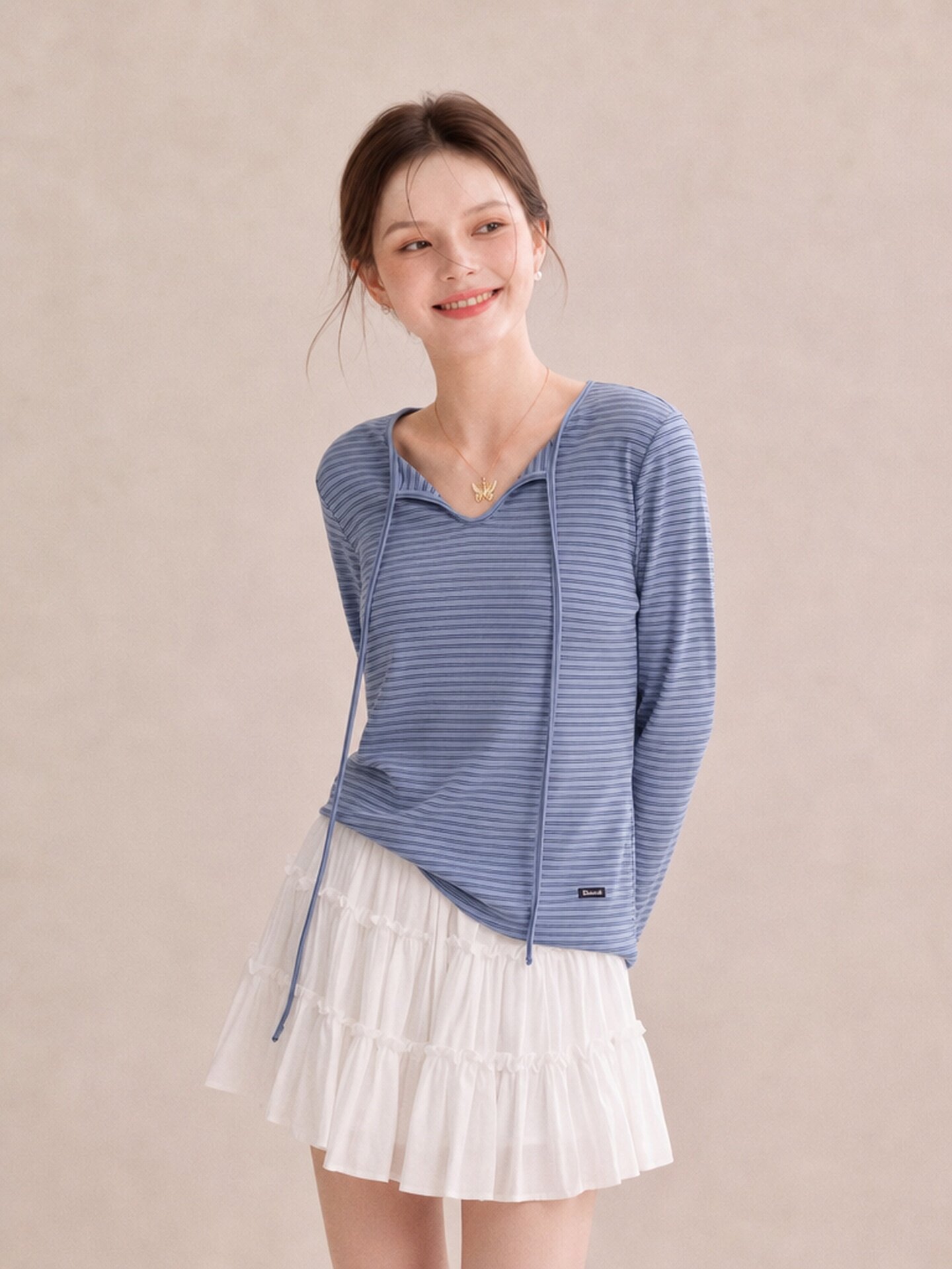 Haze Blue Long Sleeve Slim Fit T-Shirt for Women 2026 Early Autumn Artistic Relaxed Style Top
