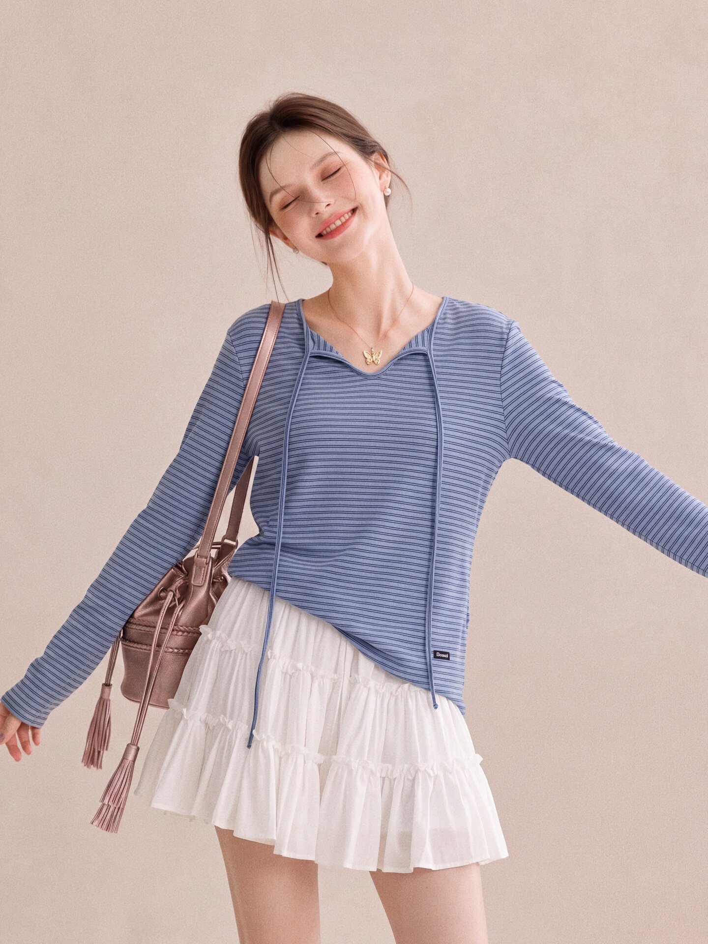 Haze Blue Long Sleeve Slim Fit T-Shirt for Women 2026 Early Autumn Artistic Relaxed Style Top